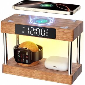 Bamboo Wireless Charging Station with Clock, Valentines Day Gifts for Her Him Bedside Light Alarm Clock with Wireless Charging, Bamboo Charging Station for Multiple Devices iPhones 16-8|AirPod/iWatch