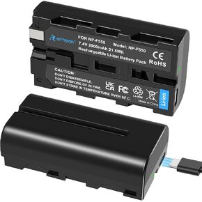 Artman NP-F550 Battery 2-Pack Type-C Battery Fully Compatible with Sony Original NP-F550, 2900mAh NP-F970 F750 F570 F550 Replacement Battery for BMPCC 6K/ 6K G2/ 6K Pro Monitor, LED Video Light (Red)