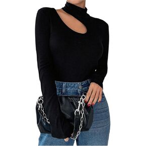 GORGLITTER Women's Asymmetrical Top Cut Out Mock Neck Long Sleeve Tee T Shirt