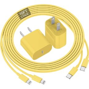 Phone Charger Fast Charging 10 FT, Long USB C to Lighting Cable 10 Foot with 20W USB C Rapid Phone Charger Block, Compatible with iPhone 14 Pro/13Pro Max/12/11Pro/Mini, 2 Pack - Yellow