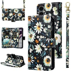 Wallet Case for BLU G53 with Wrist Strap Crossbody Shoulder Strap Flower Leather 6+ Card Slots Zipper Purse Credit Card Holder Protector Stand Accessories Phone Cover Blue G 53 6.5 Girls Pink