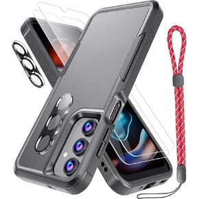 Case for Samsung Galaxy A16 5G Case with 2Pcs Tempered Glass Screen Protector 2Pcs Camera Lens Protector, 1Pcs Lanyard Strap, Soft TPU and Hard Back Cover Double Layer Phone Case (Black)