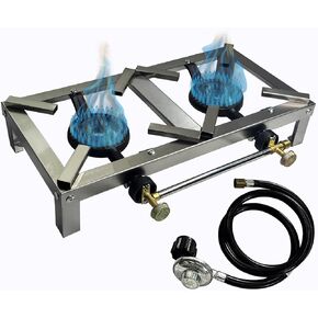 LetFeng Double Burner Camp Stove Portable Double Burner Outdoor Gas Stove Stainless Steel Double Propane Outdoor Burner with 4ft Hose for Home Brewing, Stir Frying, Camping, Tailgating, Silver