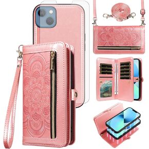 Asuwish Phone Case for iPhone 13 6.1 inch Zipper Wallet Detachable Cell Cover with Tempered Glass Screen Protector Crossbody Strap Flower Card Holder iPhone13 5G i i-Phone i13 iPhone13case Women Blue