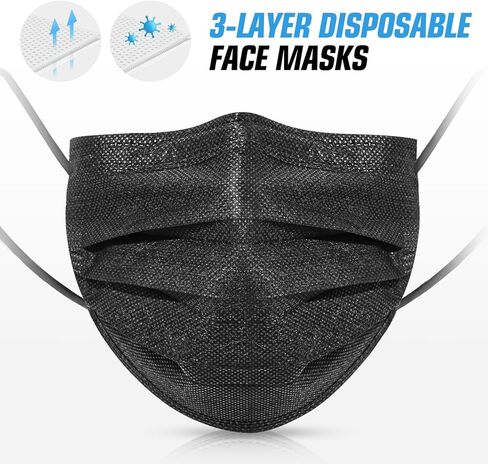 100 Pcs Disposable Face Cover 3-Ply Filter Non Medical Breathable Earloop Face Masks (Black) in Kuwait