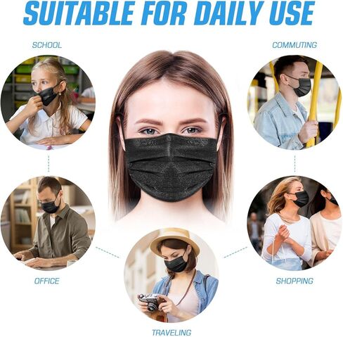 100 Pcs Disposable Face Cover 3-Ply Filter Non Medical Breathable Earloop Face Masks (Black) in Kuwait