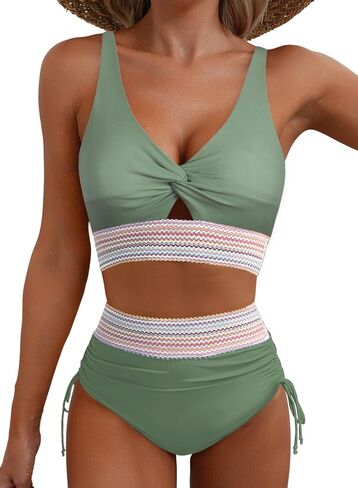 ZAFUL Women High Waisted Bikini Sets Color Block Swimsuit Two Piece Knot Twist Cut Out Drawstring Bathing Suit in Saudi Arabia