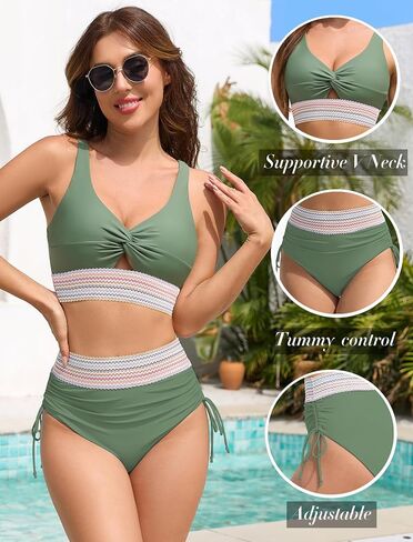 ZAFUL Women High Waisted Bikini Sets Color Block Swimsuit Two Piece Knot Twist Cut Out Drawstring Bathing Suit in Saudi Arabia