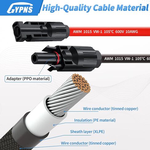 Solar Panel Extension Cable 6FT, Twin Wire Female and Male Connector Solar Cable Upgrade Fit for Home and RV Solar Panels Wire Adapter, 10AWG with Flame Retardant Protective Sleeving Solar PV Wires in Saudi Arabia