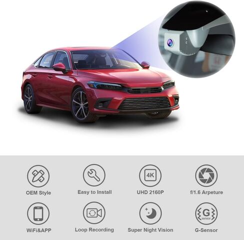 FITCAMX 4K DASH CAM مناسبة لـ Honda Civic 2022 2023 2024 2025 Type R Sport LX Ex Touring ، OEM Factory Look ، UHD 2160p Video ، تسجيل حلقة ، WiFi & App ، G-Sensor ، سهلة التثبيت ، بطاقة 64GB in Kuwait