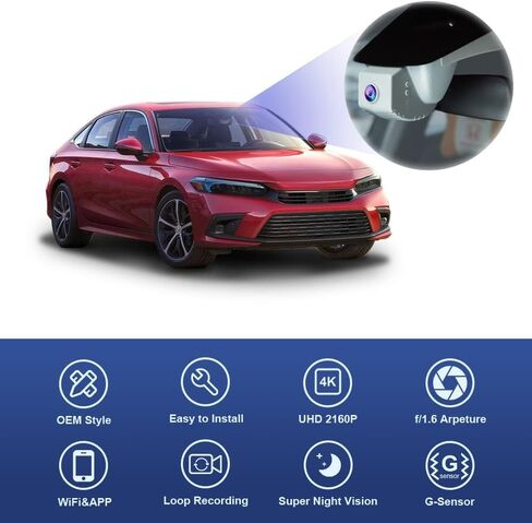 FITCAMX 4K DASH CAM مناسبة لـ Honda Civic 2022 2023 2024 2025 Type R Sport LX Ex Touring ، OEM Factory Look ، UHD 2160p Video ، تسجيل حلقة ، WiFi & App ، G-Sensor ، سهلة التثبيت ، بطاقة 64GB in Kuwait