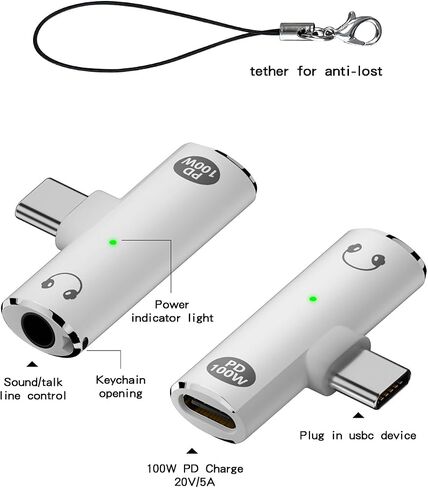 Duttek USB C to 3.5mm Audio Adapter, 2 in 1 USB C to Headphone Jack Adapter and USB C Charge Adapter 100W PD, USBC Headphone Adapter for iPhone 16/15, Pixel 9 (1 Pack-Grey) in Kuwait