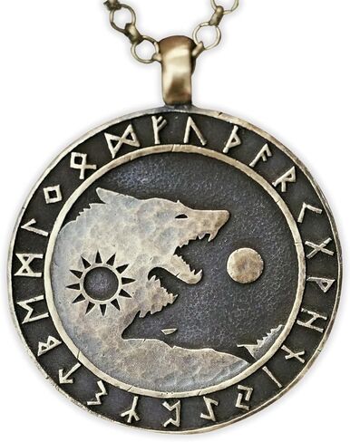 Small Brass Viking Wolf Yin Yang Necklace With Full Set of Runes For Men and Women - Wolves Fenrir Geri Freki Skoll Hati - Viking Norse Protection Charm With 22 Inch Chain in Saudi Arabia