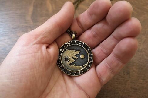 Small Brass Viking Wolf Yin Yang Necklace With Full Set of Runes For Men and Women - Wolves Fenrir Geri Freki Skoll Hati - Viking Norse Protection Charm With 22 Inch Chain in Saudi Arabia