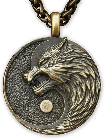 Small Brass Viking Wolf Yin Yang Necklace With Full Set of Runes For Men and Women - Wolves Fenrir Geri Freki Skoll Hati - Viking Norse Protection Charm With 22 Inch Chain in Saudi Arabia