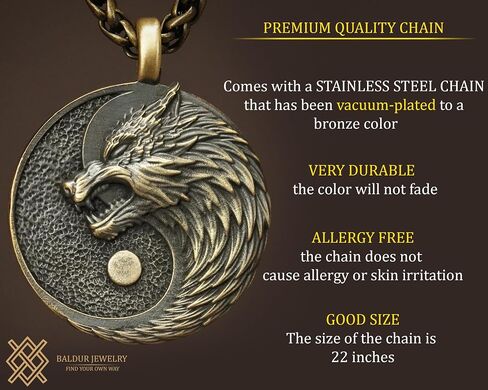 Small Brass Viking Wolf Yin Yang Necklace With Full Set of Runes For Men and Women - Wolves Fenrir Geri Freki Skoll Hati - Viking Norse Protection Charm With 22 Inch Chain in Saudi Arabia