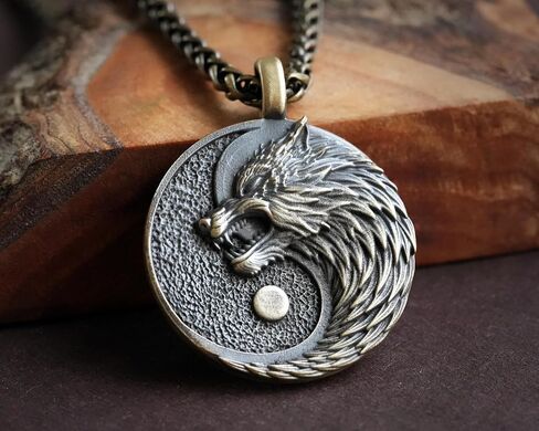 Small Brass Viking Wolf Yin Yang Necklace With Full Set of Runes For Men and Women - Wolves Fenrir Geri Freki Skoll Hati - Viking Norse Protection Charm With 22 Inch Chain in Saudi Arabia