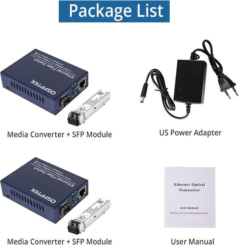 A Pair Gigabit Ethernet Media Converter, 10/100/1000Mbps Networks Ethernet to Fiber Media Converter, with 2pcs 1000Base-LX SFP Module (1.25Gb/s, Single-Mode, Dual LC, 1310nm, 20km) in Kuwait