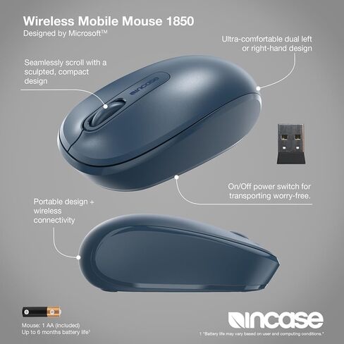Incase Wireless Mobile Mouse 1850-الذي صممه Microsoft-مضغوط ، مريح ، يمين/يسار ، عمر البطارية لمدة 6 أشهر ، جهاز إرسال الأسلاك النانو ، يعمل مع Mac/Windows 8/10/11 (أسود) in Kuwait