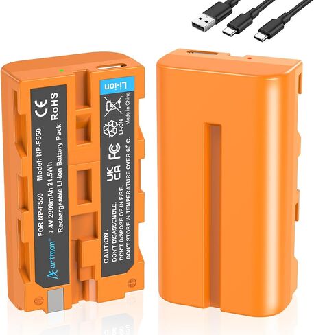 Artman NP-F550 Battery 2-Pack USB-C Compatible with Sony Camera Monitor, 2900mAh NP-F970 F750 F570 F550 Replacement Battery for CCD-SC55 TR516 TR716 TR818 TR910 TR917, LED Video Light (Orange) in Kuwait