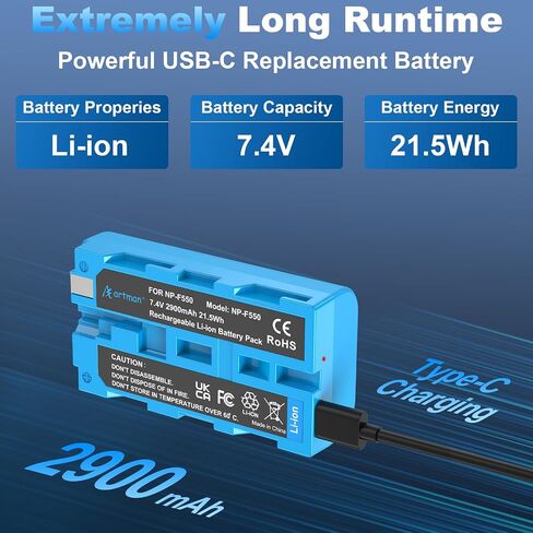 بطارية Artman NP-F550 بطارية من نوع USB من نوع USB متوافق مع Sony Original NP-F550 ، 2900mAh NP-F970 F750 F570 F550 Bracement Batection for BMPCC 6K/ 6K G2/ 6K Pro Monitor ، LED Video Light (Orange) in Kuwait