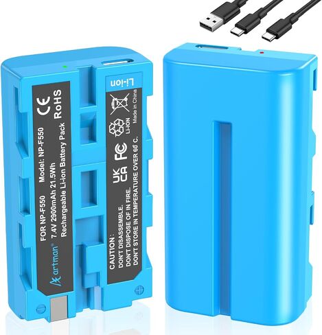 بطارية Artman NP-F550 بطارية من نوع USB من نوع USB متوافق مع Sony Original NP-F550 ، 2900mAh NP-F970 F750 F570 F550 Bracement Batection for BMPCC 6K/ 6K G2/ 6K Pro Monitor ، LED Video Light (Orange) in Kuwait