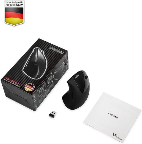 Perixx PERIMICE-713RX Wireless Rechargeable Vertical Mouse - Duo Wired and Wireless Charging Feature - Wireless Charging Pad Included - 6 Buttons Design - Black - Right-Handed Design in Kuwait