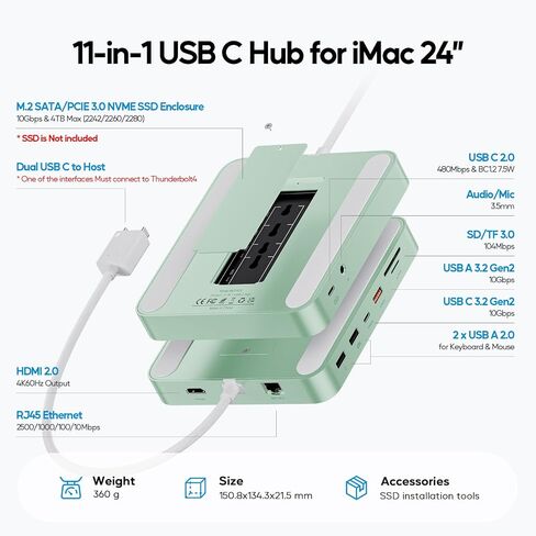Upgraded 11 in 1 USB C Hub for iMac 24 inch USB Hub 2021 2023 2024 Support M.2 SSD (NOT Included), iMac Hub M1 M3 M4 Accessories, 4K HDMI, 2.5G Ethernet, 5 USB A/C Max 10Gbps, SD/TF - Green in Kuwait
