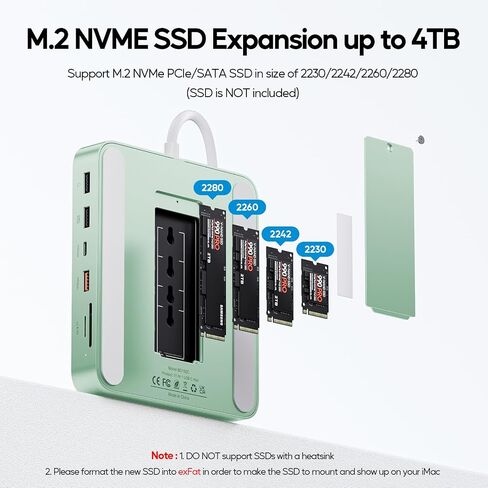 Upgraded 11 in 1 USB C Hub for iMac 24 inch USB Hub 2021 2023 2024 Support M.2 SSD (NOT Included), iMac Hub M1 M3 M4 Accessories, 4K HDMI, 2.5G Ethernet, 5 USB A/C Max 10Gbps, SD/TF - Green in Kuwait