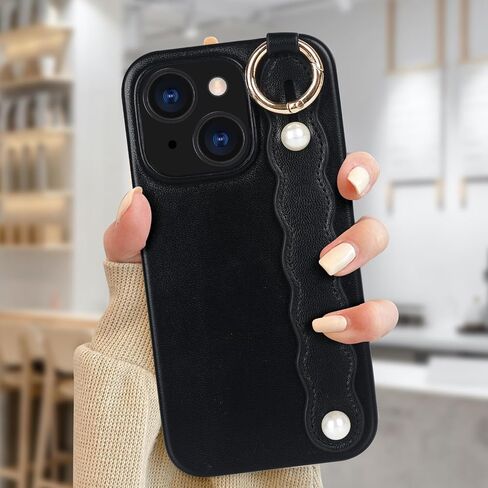 Compatible with iPhone 15 Wrist Strap Case with Wristband Kickstand for Women Girls Girly Slim Soft PU Leather DIY Metal Ring Protective Shockproof Phone Cover,Green in Kuwait