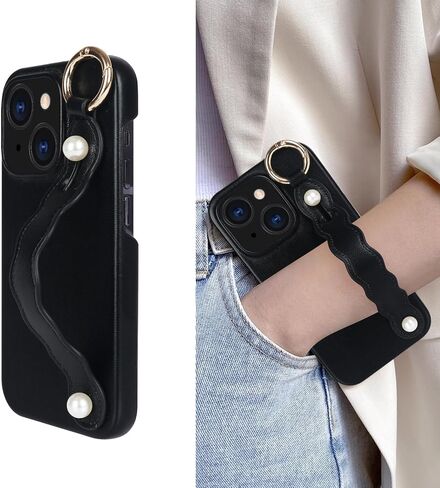 Compatible with iPhone 15 Wrist Strap Case with Wristband Kickstand for Women Girls Girly Slim Soft PU Leather DIY Metal Ring Protective Shockproof Phone Cover,Green in Kuwait