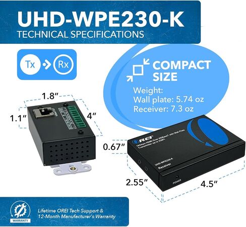 OREI 4K Wall Plate HDBaseT HDMI/USB-C Extender, 400 ft Over Single Cat6/Cat7 Cable Wall Plate Transmitter 4K @ 60Hz, HDR, RS-232, CEC, & 2 Way IR Control in Kuwait