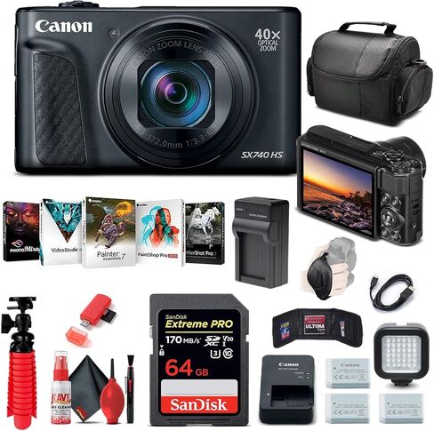 Canon PowerShot SX740 HS Digital Camera (Silver) (2956C001) + 64GB Memory Card + 2 x NB13L + Corel Photo Software + Charger + Card Reader + LED Light + Soft Bag + More (Renewed) in Saudi Arabia