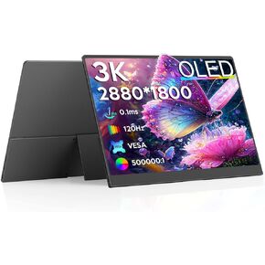 16" OLED Portable Monitor-3K AMOLED Monitor with 2880x1800 120Hz 0.1ms Response Time Vivid Color 120% DCI-P3 500000:1 Contrast,Ultra-Slim Design for External Monitor,Windows/mac/Switch/PS5/Xbox,VESA