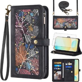 Asuwish Phone Case for Samsung Galaxy S24 FE 5G Wallet Cover with Screen Protector and Crossbody Wrist Strap Leather Flip Pattern Zipper Credit Card Holder Stand Cell S 24 EF S24FE 24S Women Men Blue