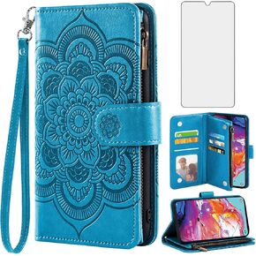 Asuwish Compatible with Samsung Galaxy A70 Wallet Case and Tempered Glass Screen Protector Flower Flip Card Holder Stand Cell Accessories Phone Cover for Glaxay A70S A 70 Gaxaly 70A S70 Women Purple