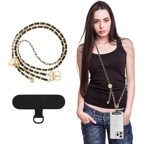 MoKo Universal Phone Lanyard, Metal Cell Phone Chain Crossbody Strap Anti-Theft Detachable Women Cellphone Lanyards Around The Neck with Patches for iPhone, Most Smartphones - Crystal Black