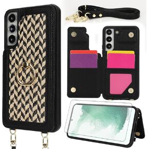Asuwish Phone Case for Samsung Galaxy S22 Plus S22+ 5G Wallet Cell Cover with Screen Protector Ring Stand Credit Card Holder Crossbody Lanyard Shoulder Strap S22+5G S22plus 22S + S 22 22+ Women Pink