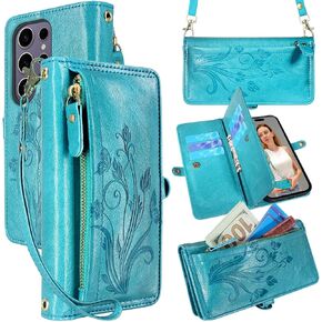 Lacass for Samsung Galaxy S25 Ultra Case Wallet,[Cards Theft Scan Protection] Card Holder Zipper Leather Flip Cover Crossbody Wrist Strap with Stand(Floral Black) in Saudi Arabia