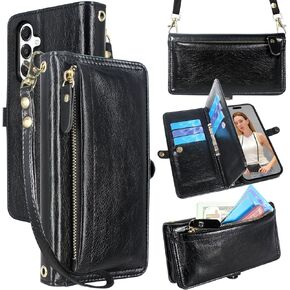 Lacass for Samsung Galaxy A16 5G Case Wallet,[Cards Theft Scan Protection] Card Holder Zipper Leather Flip Cover Crossbody Wrist Strap with Stand (Floral Blue Green)