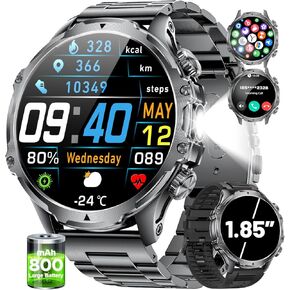 Smart Watches for Men(Answer/Make Calls) with LED Flashlight, 1.85"HD Screen Outdoor Sports Smartwatch ,800mAh Battery,Heart Rate/SpO2/Sleep Monitor 5ATM Waterproof Fitness Tracker for Android iOS