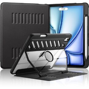 MoKo for iPad Air 11 Inch Case (M2) 2024, iPad Air 6th Generation Case/iPad Air 5th/4th Gen 2022/2020 with Pencil Holder, [Shockproof, Protective, Magnetic Stand, Clear Back Cover], Black