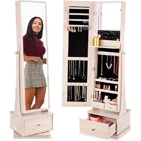 Best Choice Products 360 Swivel Mirrored Jewelry Cabinet, Full Length Armoire, LED-Lit Makeup Storage Organizer w/Internal Lights, Mirror, 3 Storage Shelves, 3 Drawers - White