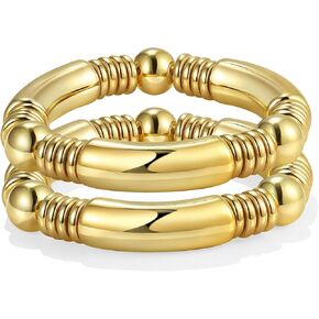 Gold Bangles Bracelet for Women Chunky Curved Stacking Plated Bead Ball Stretchable Bracelets