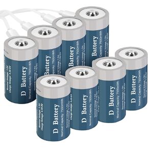 4 Pack Rechargeable Lithium D Cell Batteries 7500mWh, Long-Lasting 1.5V D Size Battery with USB Charging Cable