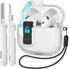 Safety Lock for Airpods 4 Case, Clear for Apple Airpods 4 Case 2024 USB-C, for Airpods 4 Case Cover with Cleaner Kit for Girly Women, Full Protection Auto Pop-Up Lid with Lanyard and Keychain, Pink