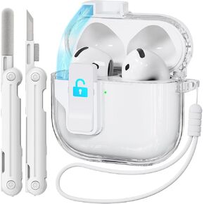 Safety Lock for Airpods 4 Case, Clear for Apple Airpods 4 Case 2024 USB-C, for Airpods 4 Case Cover with Cleaner Kit for Girly Women, Full Protection Auto Pop-Up Lid with Lanyard and Keychain, Pink in Kuwait