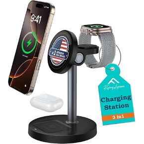 3 in 1 Wireless Charging Station for Apple MagSafe Charger, Fast Qi-Certified Magnetic Mag-Safe Charger Stand for iPhone 16 15 14 13 12 Apple Watch AirPods, Adjustable Angle,Gifts for Men,S11 Black