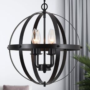 Black Farmhouse Chandelier 4 Light Industrial Rustic Chandelier Dining Room Lighting Fixtures Hanging Globe Orb Pendant Light Fixture for Kitchen Island Bedroom