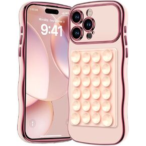 Miss Arts for iPhone 15 Pro Max Case with Suction Cup Phone Mount - Hands Free Strong Silicone Suction Grip Holder for Selfies and Videos - Women Girls Bling Luxury Wavy Case for Influencers, Pink